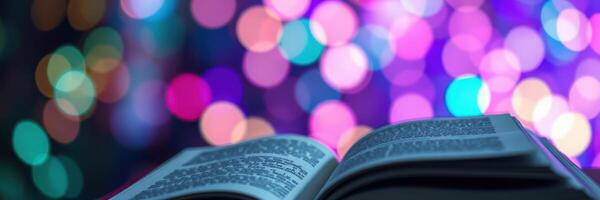 Open book rests on a surface with colorful bokeh lights in the background during an evening setting photo