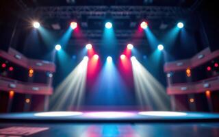 Dynamic stage setup with colorful lights ready for performance at a modern theater venue photo