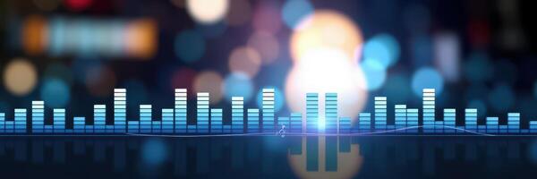 Digital sound wave visualization with blurred city lights in the background at night photo