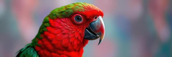 Vibrant red and green parrot perched in a natural setting during daylight hours photo