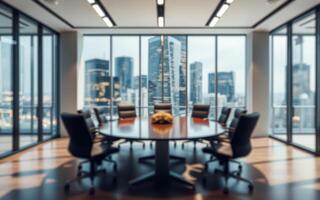 Modern conference room with city skyline view featuring a round table and ergonomic chairs photo