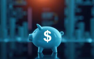 Digital blue piggy bank stands on a reflective surface with a financial chart background highlighting savings and investment concepts photo