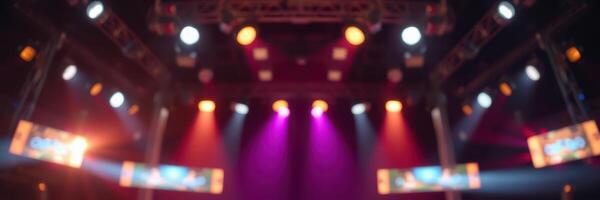 Colorful lights illuminate a vibrant stage during a lively concert at an indoor venue photo