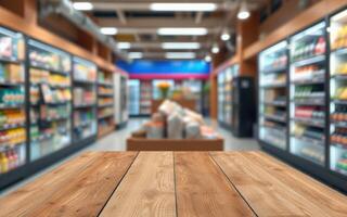 Grocery store interior with wooden countertop in focus and shelves filled with products in the background photo