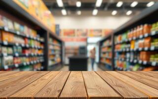 Wooden table foreground in a grocery store aisle filled with various products and a blurred shopper in the background photo