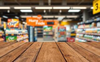 Shelves stocked with groceries visible in background while wooden table is in focus in a supermarket during daytime photo