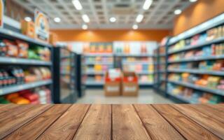 Store interior with shelves of groceries and a wooden table in the foreground during the day photo