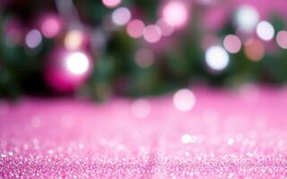 Cheerful holiday decoration with sparkling pink background and festive bokeh effects during winter photo