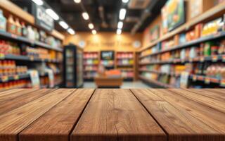 Brightly lit grocery store interior with wooden table in foreground and organized shelves in background photo