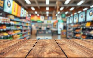 Brightly lit grocery store interior with wooden table in foreground and shelves filled with various products in background photo