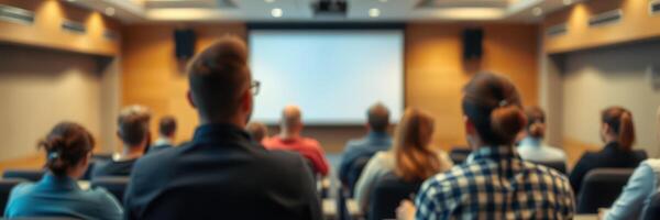 Audience attending a conference presentation in a modern seminar room focused on professional development topics photo