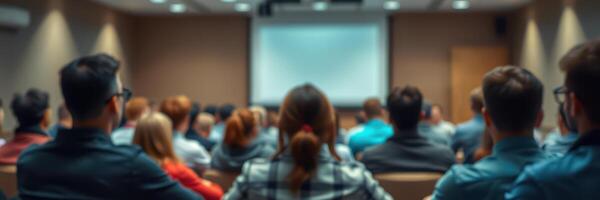 Audience engaged in a presentation at a conference in a well-lit seminar room photo