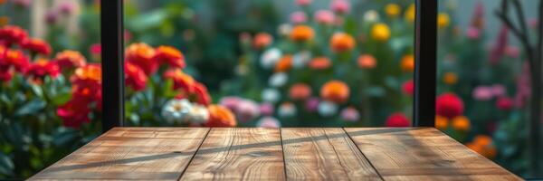 Wooden table with vibrant flowers in the background at a sunny garden photo
