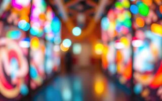 Colorful display of lights illuminates the hallway of an entertainment venue at night photo