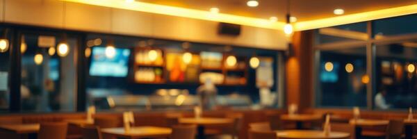 Warm and inviting cafe interior with soft lighting and cozy seating arrangement during evening hours photo