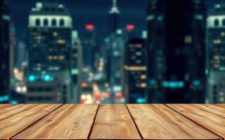 Night view of a city skyline with focus on a wooden table in the foreground and urban lights in the background photo