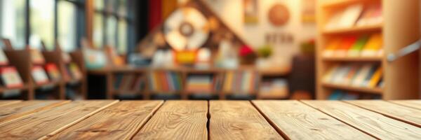 Cozy interior of a modern library with wooden tables and vibrant shelves filled with books photo