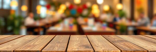 Wooden table foreground with blurred restaurant ambiance in the background during a busy dining hour photo