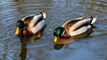 Mallard ducks swimming gracefully on a serene pond during a sunny afternoon photo