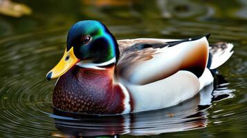Colorful mallard duck swimming in a serene pond surrounded by lush greenery and reflecting water at midday photo