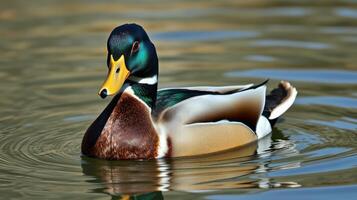 Colorful male duck swims gracefully in a serene pond during a bright sunny day photo
