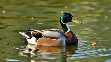Mallard duck swimming peacefully in a calm pond during a sunny afternoon photo