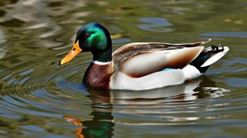Male duck swims gracefully in a serene pond surrounded by gentle ripples and vibrant reflections during midday photo