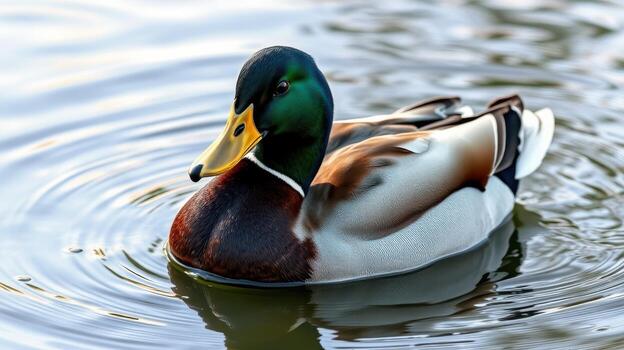 Mallard duck gliding across a serene lake surface during golden hour in a tranquil natural setting photo