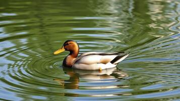 Duck swimming gracefully in a serene pond reflecting the lush greenery during a sunny afternoon photo
