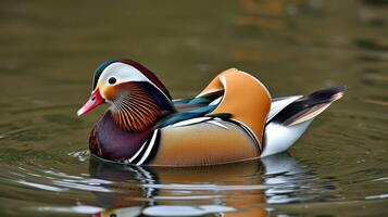 Colorful mandarin duck swimming gracefully in a serene pond surrounded by nature photo