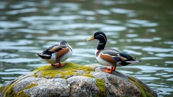 Ducks relax on a moss-covered rock by the calm water during a serene afternoon in a tranquil park setting photo