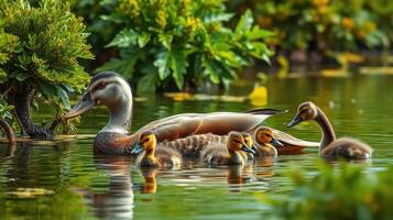 Duck family swimming in serene pond surrounded by lush greenery under soft sunlight photo