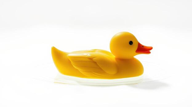 Classic yellow rubber duck floating on a surface against a white background photo