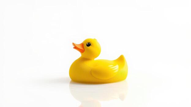 Bright yellow rubber duck floating on a reflective surface in a playful and cheerful manner photo