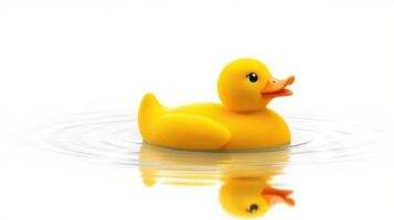 Bright yellow rubber duck floats serenely on calm water surface reflecting its cheerful colors photo