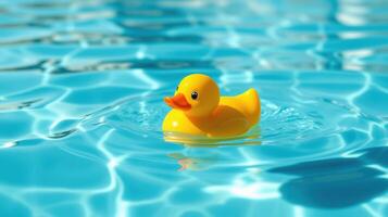 Yellow rubber duck floating in a clear swimming pool on a sunny day photo