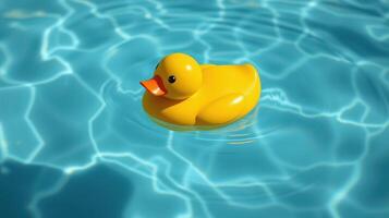 Bright yellow rubber duck floating on sparkling blue water in a summer pool setting photo
