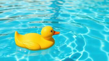 Bright yellow rubber duck floating on a clear blue pool during a sunny day in summer photo