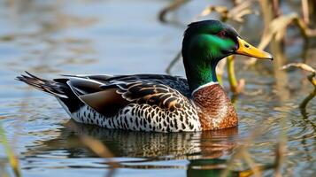 Male mallard duck swims gracefully in a serene wetland environment during daylight hours photo