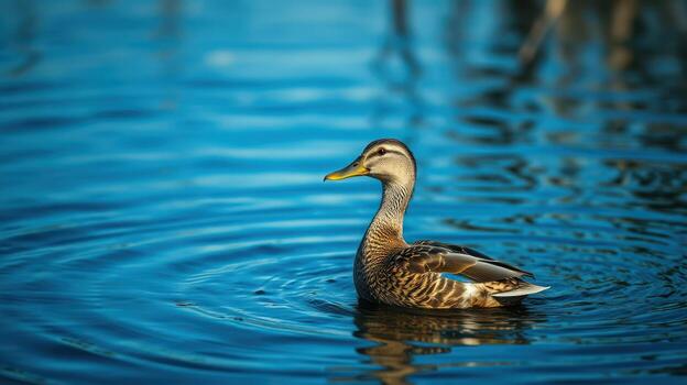 Duck swims gracefully in serene blue waters during a sunny afternoon in a tranquil nature setting photo