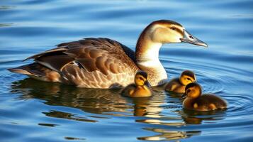 Mother duck swimming peacefully with her ducklings in a serene pond at sunrise photo