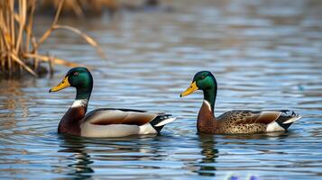 Mallard ducks swimming together in a tranquil pond surrounded by reeds during daylight photo