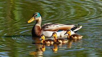 Mother duck swims with four ducklings in a tranquil pond on a sunny day surrounded by green vegetation photo