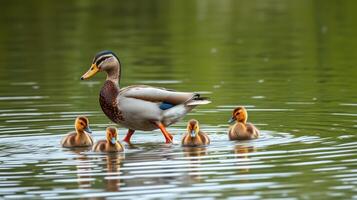 Mallard mother with ducklings swimming in tranquil pond at dawn photo