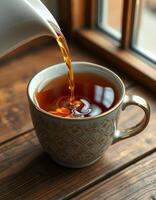 Warm tea is poured into a patterned cup beside a wooden window frame on a serene afternoon photo