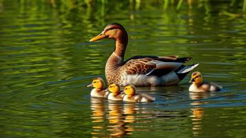 Mother duck swims gracefully with her fluffy ducklings on a serene lake surrounded by vibrant greenery photo