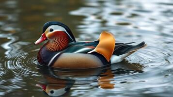Vibrant mandarin duck swimming in a serene pond reflecting autumn colors photo