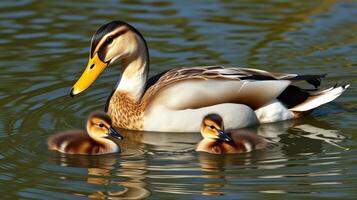 Mallard duck swims peacefully with ducklings in serene pond during sunny afternoon photo
