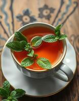 Refreshing mint tea served in a porcelain cup on a wooden table with floral patterns photo