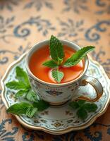 Mint tea served in an ornate cup on a decorative table with fresh mint leaves photo